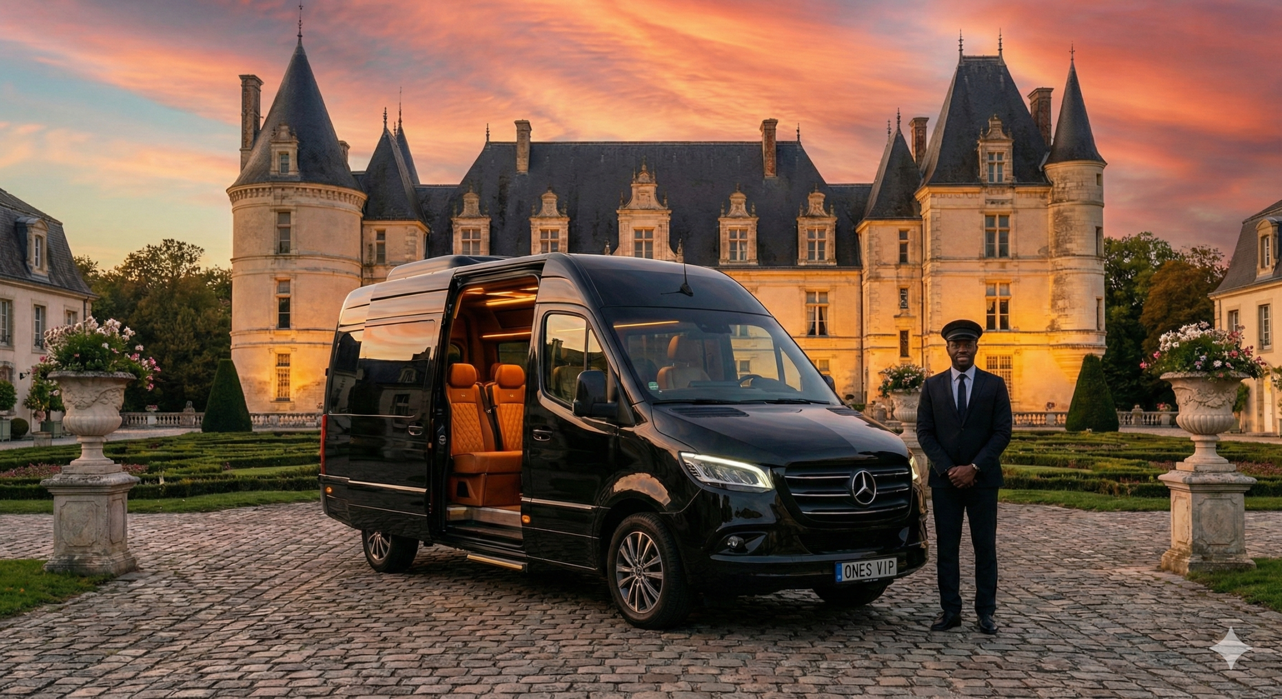 Location Mercedes Sprinter VIP noir devant un palace